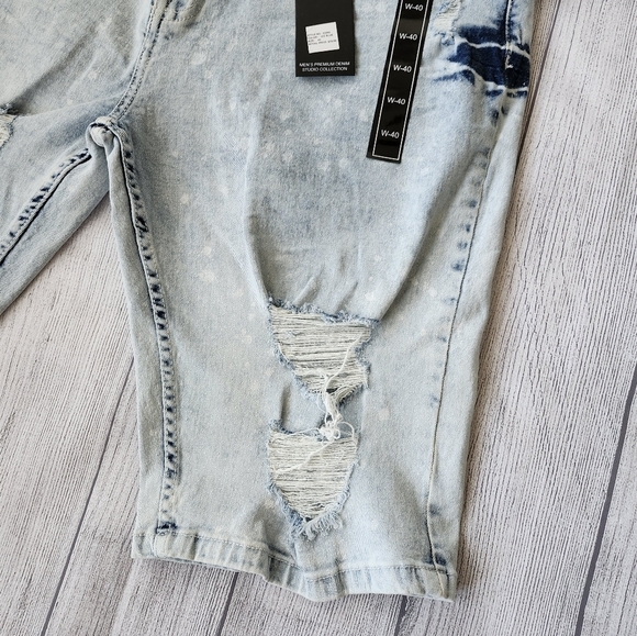 Plus Size Men Light Blue Distressed Denim Biker Shorts - Skinny Fit - Picture 6 of 15